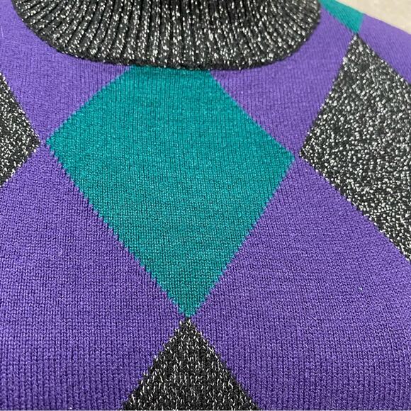 Vintage 90s argyle metallic accent sleeveless mock neck sweater Size Small - Picture 4 of 12